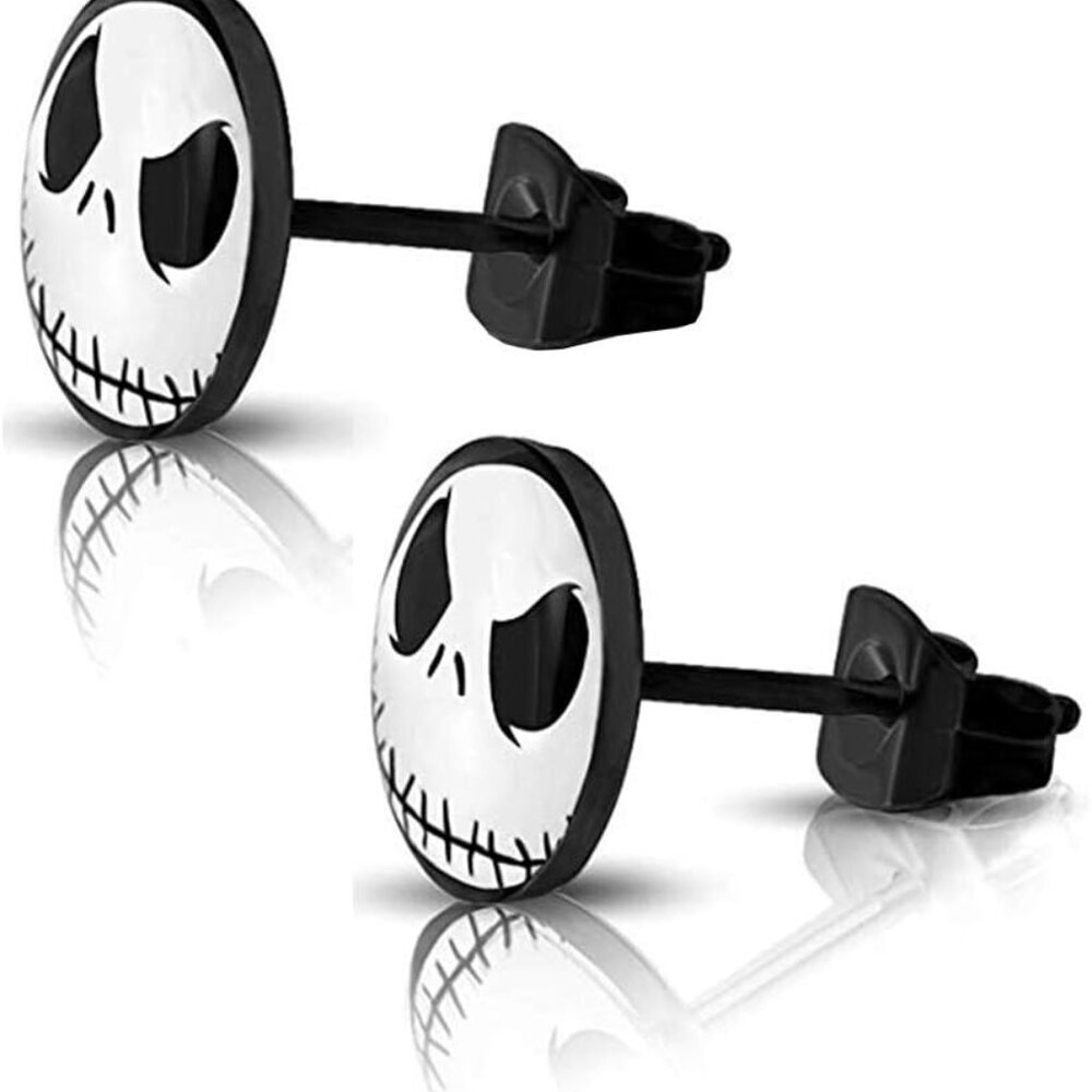 316L Surgical Stainless Steel Jack Skellington Round Circle Button Stud Post Ear
